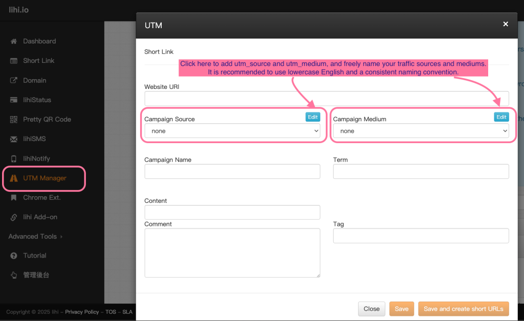 Setting up tracking parameters in lihi dashboard