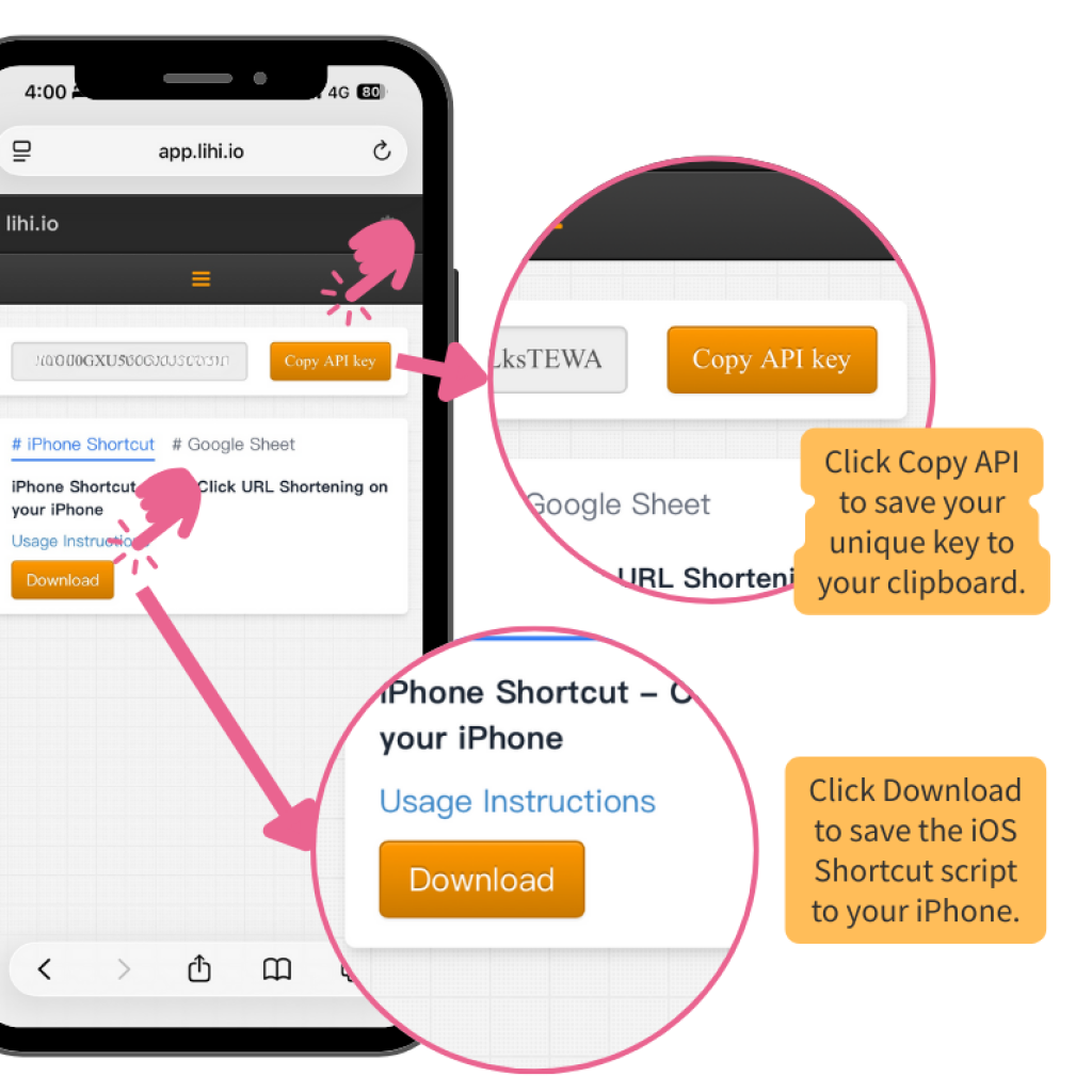 Copying API key and downloading the shortcut in lihi Add-on.