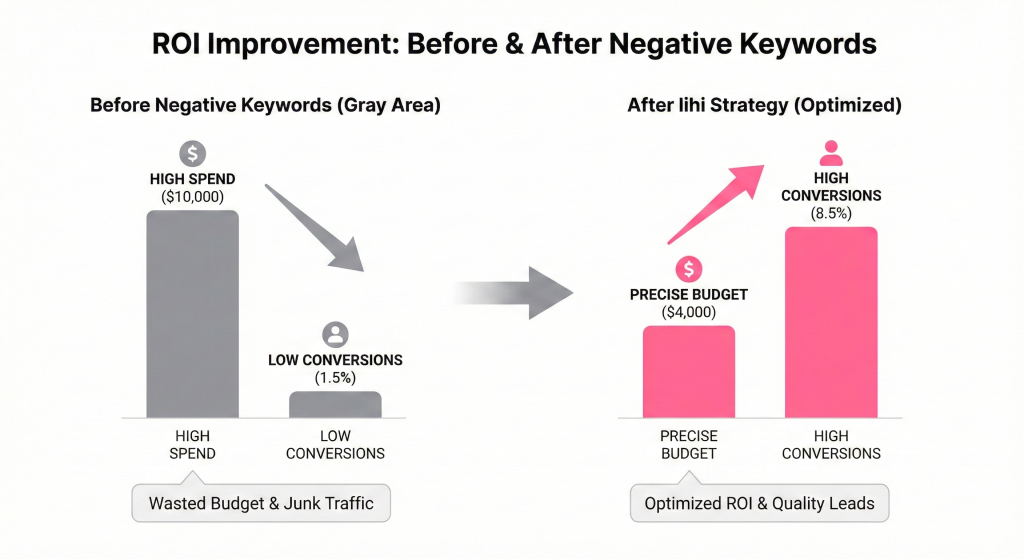 A bar chart titled 'ROI Improvement' comparing Google Ads performance before and after using negative keywords. The left side shows high spend and low 