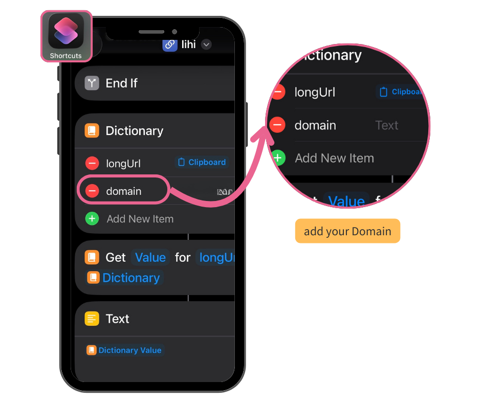 Setting up a custom domain in the lihi iPhone shortcut.