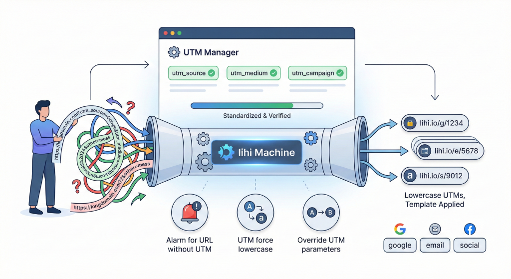 Illustration of lihi UTM Manager turning messy URLs into clean, standardized short links with account-wide tracking safeguards.
