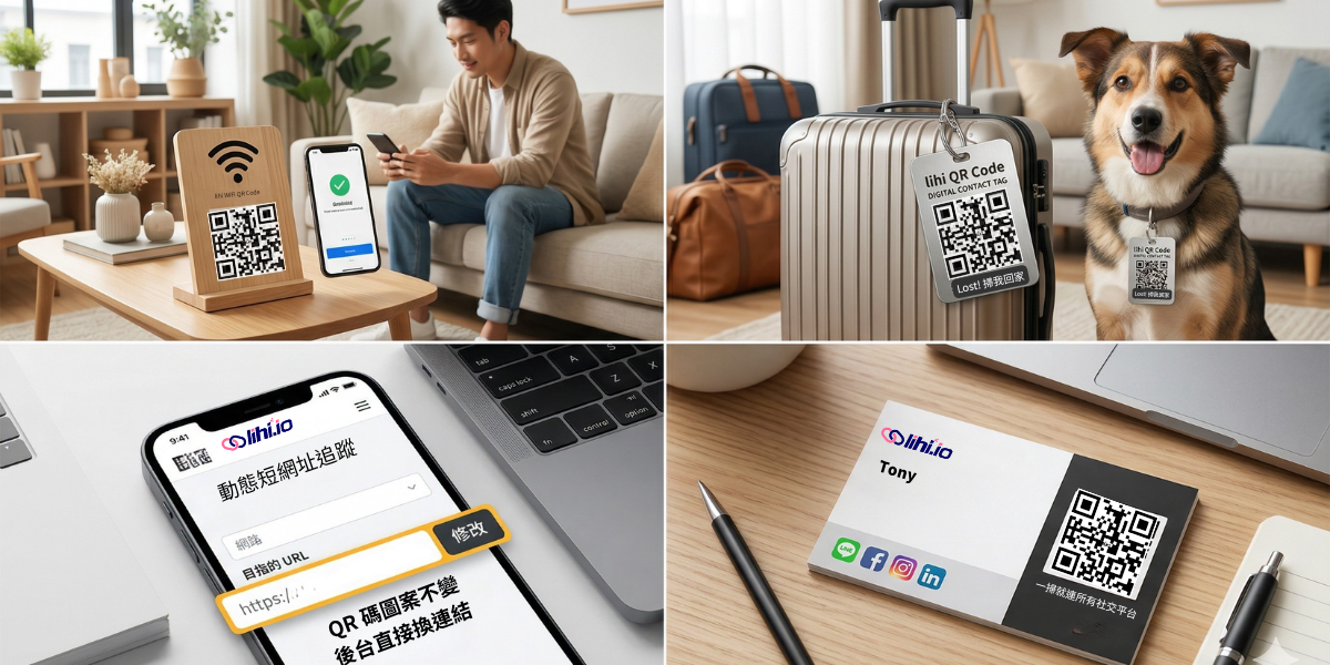 左上(溫馨居家): 呈現了客人在客廳掃描「lihi WiFi QR Code」桌卡的場景,營造出便利的居家氛圍。 右上(創意應用): 展示了掛在行李箱與寵物身上的 QR Code 吊牌,強調其「防止遺失」的功能。 左下(動態修改): 手機畫面顯示了 lihi 後台界面,並附上中文說明文字。請注意,AI 在生成中文時,雖然排版整齊,但出現了部分異體字或拼寫誤差(例如:LIAIA),但在概念傳達上是清晰的。 右下(數位名片): 展示了一張印有 QR Code