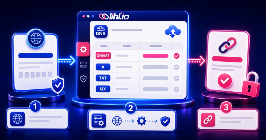 lihi 自訂網域 DNS 與 CNAME 設定示意圖，呈現網域連接、雲端節點與設定成功狀態。