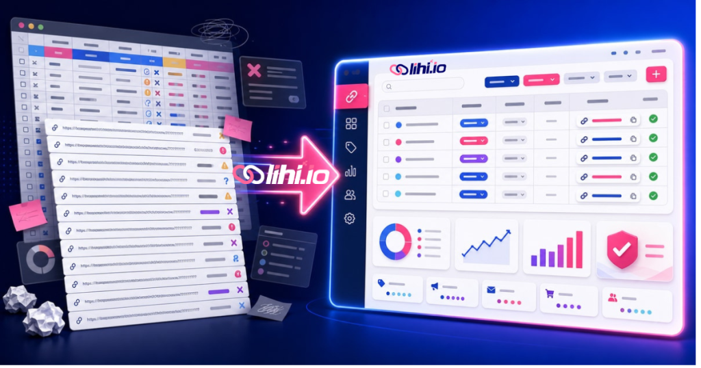 UTM Builder 與試算表管理對比圖，左側是混亂長網址表格，右側是整齊的 lihi UTM 管理介面。